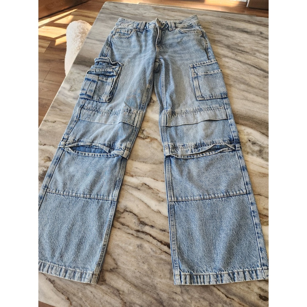 Garage Denim Womens Light Wash High Rise Wide Leg Cargo Jeans Size 25 Utility